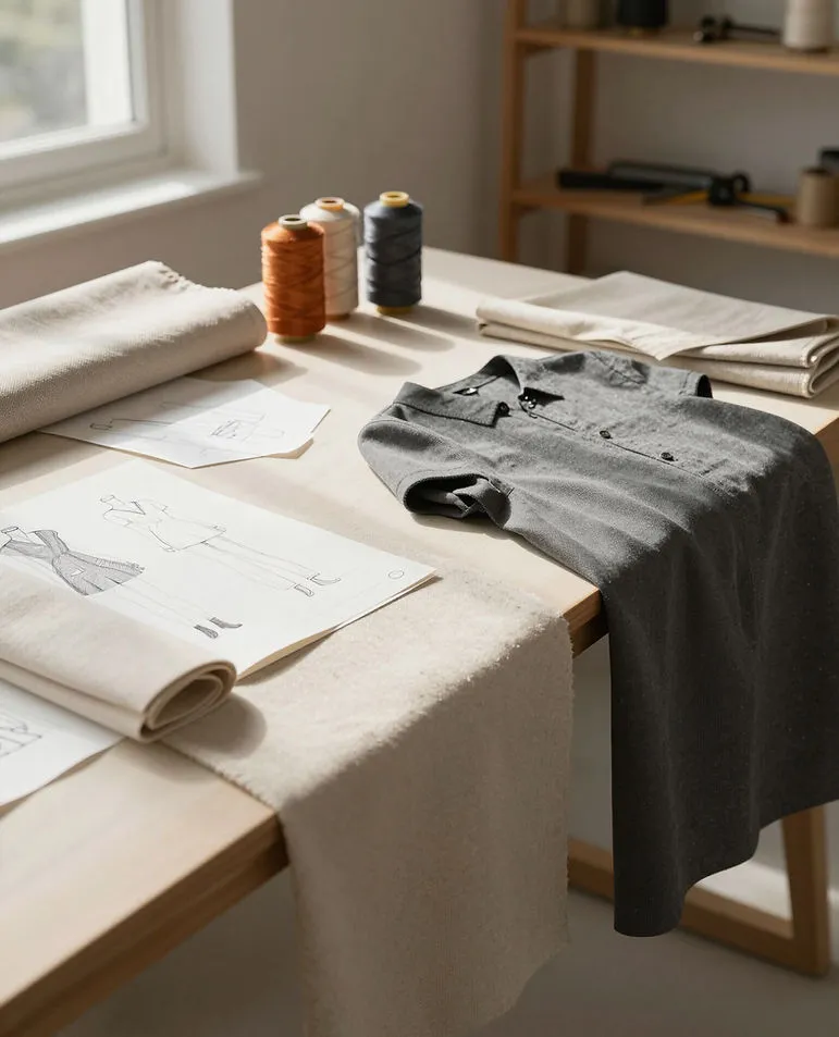 Custom apparel being designed on a worktable.